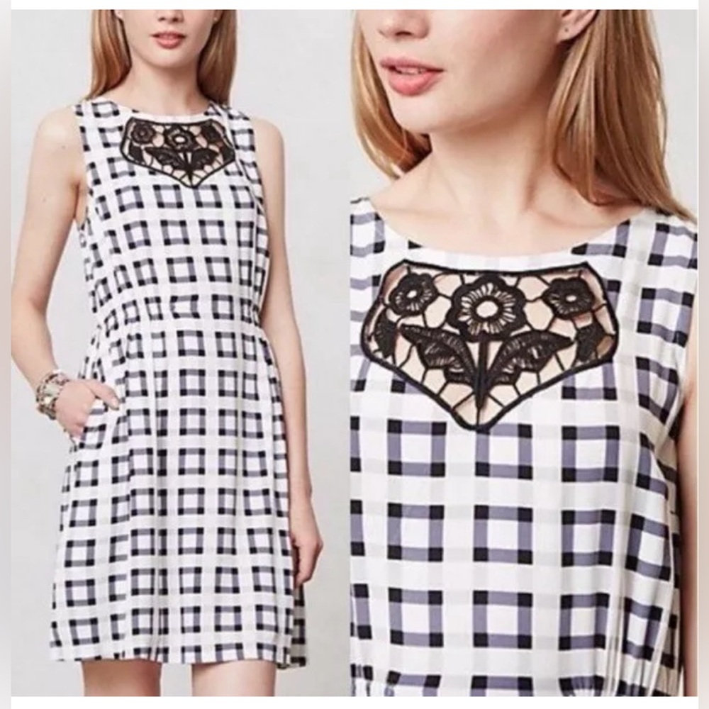 ANTHROPOLOGIE x Lilka Checkered S Dress‎ Embroidered Floral Front Accent Pockets